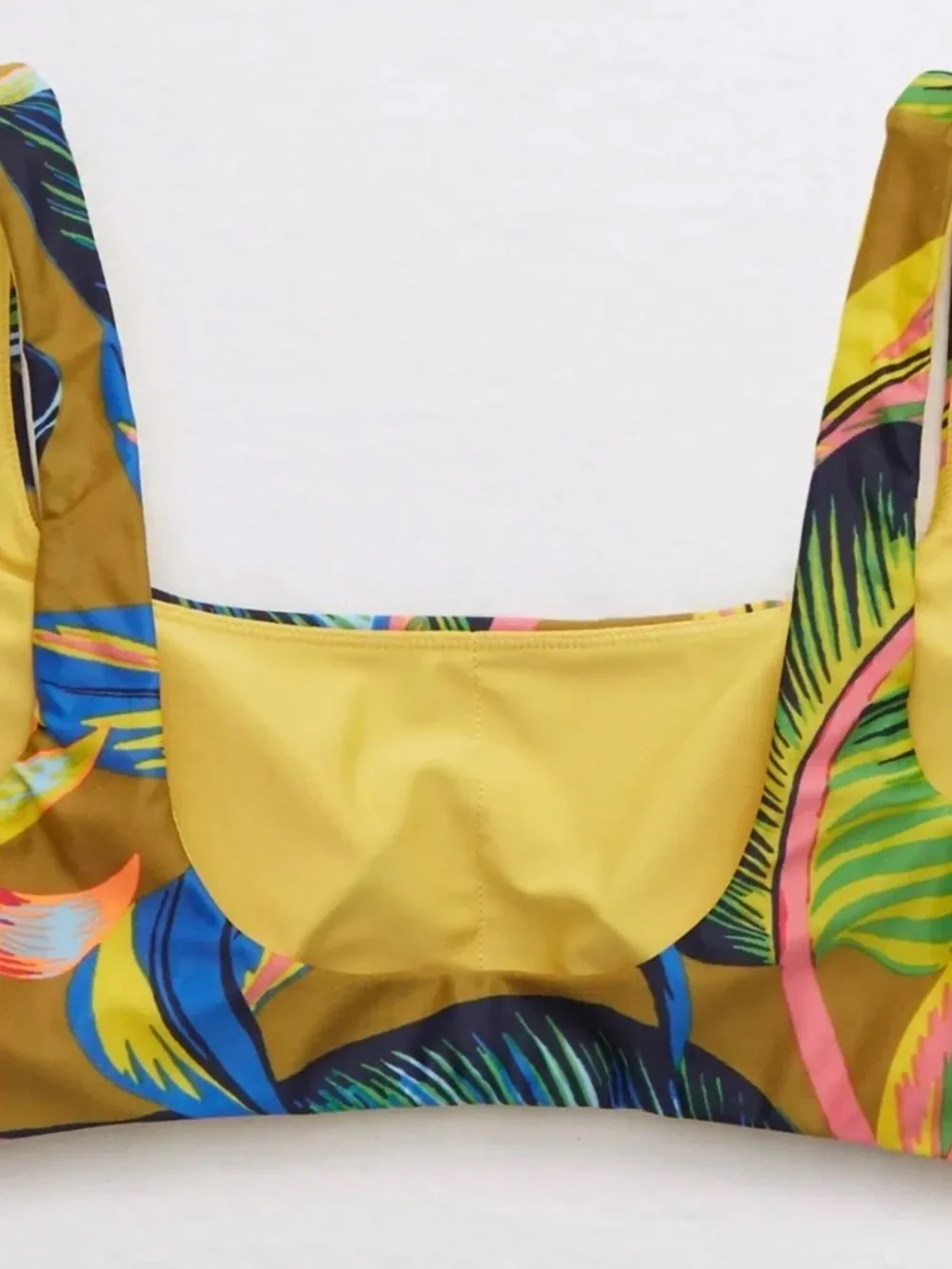 Tropical Leaf Print Square Neck Swim Top - Yellow Multi